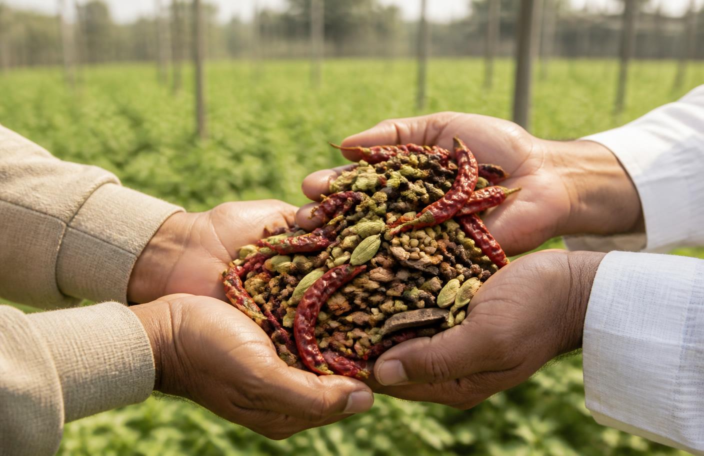 Trading partners holding a selection of whole Indian spices