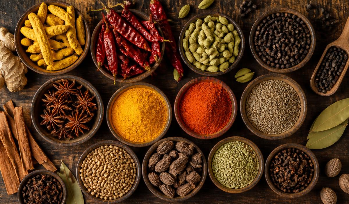 Assorted Indian spices in bowls